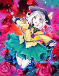  eyeball floral_background flower full_body green_eyes hat hat_ribbon heart komeiji_koishi long_sleeves makuwauri open_mouth outstretched_arms ribbon rose shirt shoes short_hair silver_hair skirt smile solo string third_eye touhou 