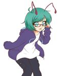  antennae bespectacled casual denim glasses green_eyes green_hair hood hoodie jeans mazume pants short_hair simple_background smile solo touhou white_background wriggle_nightbug 