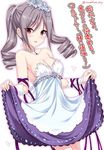  any_(trueblue) bare_shoulders breasts cleavage dress drill_hair idolmaster idolmaster_cinderella_girls jewelry jpeg_artifacts kanzaki_ranko long_hair medium_breasts necklace open_mouth red_eyes silver_hair skirt_hold smile solo translation_request twin_drills twintails 