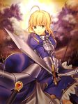  ahoge armor armored_dress artoria_pendragon_(all) blonde_hair cloud deanna dress excalibur fate/stay_night fate_(series) gauntlets green_eyes highres rain saber solo 