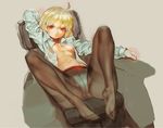  ahoge blonde_hair bow bow_panties breasts brown_eyes chair crotch_seam feet feet_on_chair head_tilt knight_run looking_at_viewer lying no_bra on_back open_clothes open_shirt panties panties_under_pantyhose pantyhose shirt short_hair small_breasts solo spread_legs thighband_pantyhose underwear yang-do 