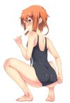  adjusting_clothes adjusting_swimsuit ass bad_id bad_pixiv_id bare_legs bare_shoulders barefoot blush body_blush brown_eyes brown_hair food from_behind full_body hair_ornament hairclip ikazuchi_(kantai_collection) inuga_anahoru kantai_collection looking_at_viewer looking_back one-piece_swimsuit popsicle short_hair simple_background skin_tight solo squatting swimsuit swimsuit_tug white_background 