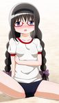  akemi_homura blush cadsensei glasses gradient gradient_background gym_uniform hair_ornament hairband long_hair looking_at_viewer mahou_shoujo_madoka_magica open_mouth outdoors purple_eyes red-framed_glasses shirt short_sleeves sitting solo sweat twin_braids 
