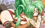  1boy 1girl ass blonde_hair blondia_varady blush eyes_closed fellatio girl_on_top gloves green_hair horns hug kimura_takahiro leotard long_hair open_mouth pc98 pointy_ears steam_hearts tattoo tongue torn_clothes yea_taltekisans 