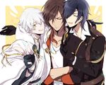  bad_id bad_pixiv_id black_hair brown_hair chain closed_eyes crossed_arms eyepatch formal gloves japanese_clothes kai28 male_focus multiple_boys one_eye_closed ookurikara open_mouth shokudaikiri_mitsutada silver_hair smile suit touken_ranbu tsurumaru_kuninaga v yellow_eyes 