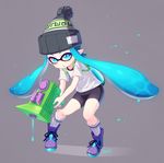  bike_shorts blue_eyes blue_hair blueberry_(5959) domino_mask ink_tank_(splatoon) inkling knit_hat long_hair mask monster_girl pointy_ears shirt shoes sneakers solo splatoon_(series) splatoon_1 splattershot_jr_(splatoon) super_soaker t-shirt tentacle_hair 