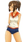  brown_eyes brown_hair highres i-401_(kantai_collection) kantai_collection open_mouth ponytail pussy_juice sailor_collar school_swimsuit school_uniform short_hair smile solo swimsuit tan tanline tr-6 