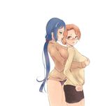  black_panties blue_eyes blue_hair bluefield blush breast_grab breasts brown_eyes brown_hair crossover glasses grabbing grabbing_from_behind gundam gundam_build_fighters hair_bun highres iori_rinko kami_nomi_zo_shiru_sekai katsuragi_mari large_breasts long_hair looking_at_another looking_back low_ponytail mature multiple_girls no_pants panties pencil_skirt ribbed_sweater semi-rimless_eyewear short_hair skirt sweater turtleneck under-rim_eyewear underwear yuri 