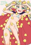  aikatsu! aikatsu!_(series) arms_up bikini bird cape chick clearite fangs flat_chest green_eyes green_hair holding navel open_mouth solo striped surrounded swimsuit too_many too_many_chicks toudou_yurika twintails wavy_mouth 