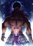  1girl arms_behind_back ayakashi_(monkeypanch) berserker blonde_hair dress eclipse fate/stay_night fate_(series) hat highres illyasviel_von_einzbern long_hair looking_at_viewer muscle night purple_hat red_eyes size_difference skirt smile star_(sky) sword weapon 