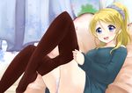  ayase_eli blonde_hair blue_eyes long_hair long_legs love_live! love_live!_school_idol_project mikimo_nezumi open_mouth panties pantyhose pantyhose_pull ponytail smile solo sweater underwear 