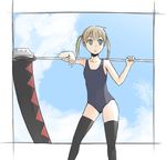 blonde_hair colorized coupon_(4chan) green_eyes maka_albarn navel one-piece_swimsuit school_swimsuit scythe solo soul_eater swimsuit thighhighs twintails weapon 