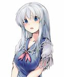  blue_dress blue_eyes blue_hair blush bow breasts collarbone dress geppewi kamishirasawa_keine large_breasts long_hair looking_at_viewer no_hat no_headwear open_mouth puffy_sleeves short_sleeves simple_background solo touhou upper_body white_background 