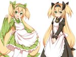  apron blazblue blonde_hair blush dual_persona fang godharo1 green_eyes hairband highres long_hair maid multiple_girls open_mouth pantyhose platinum_the_trinity quad_tails ribbon smile very_long_hair 