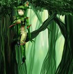  boots elbow_gloves en_(pixiv_2028674) forest gen_5_pokemon gloves green green_footwear green_hair green_hat hat hat_feather in_tree midriff nature personification pokemon red_eyes sitting sitting_in_tree solo tree virizion 