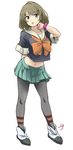  bangs blue_eyes bow bowtie brown_hair cosplay crop_top green_eyes heterochromia idolmaster idolmaster_cinderella_girls kantai_collection mole mole_under_eye pantyhose pleated_skirt school_uniform serafuku shift_(waage) short_hair skirt solo takagaki_kaede yuubari_(kantai_collection) yuubari_(kantai_collection)_(cosplay) 