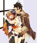  1boy 1girl alvin_(tales) belt black_hair blush braid breasts brown_eyes brown_hair clothed_sex coat eyes_closed flower gloves hairband leia_rolando navel open_mouth panties pants scarf sex short_hair shorts simple_background tales_of_(series) tales_of_xillia tears underwear window 