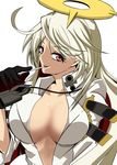 ahoge arima_yuu black_gloves breasts candy center_opening food gloves guilty_gear guilty_gear_xrd halo jack-o'_valentine large_breasts lollipop long_hair looking_at_viewer multicolored_hair no_bra red_eyes red_hair solo two-tone_hair white_hair 