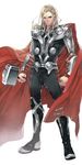  armor beard blonde_hair boots cape chainmail facial_hair full_body hammer hh_(hhsis2) highres long_hair male_focus marvel mjolnir signature solo superhero thor_(marvel) twitter_username 