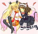  ;d animal_ears black_hair black_legwear blonde_hair blush cat_ears cat_tail curly_hair cyan_(show_by_rock!!) denchu_(kazudentyu) dog_tail eye_contact glasses green_eyes hair_ribbon heart highres long_hair looking_at_another multiple_girls necktie one_eye_closed open_mouth pink_background red_neckwear retoree ribbon short_hair show_by_rock!! simple_background smile striped striped_legwear tail thighhighs twintails very_long_hair yellow_eyes yuri zettai_ryouiki 