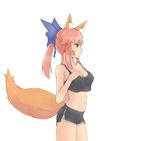  animal_ear_fluff animal_ears bluefield bow breasts cleavage covered_nipples cowboy_shot crop_top fate/extra fate_(series) fox_ears fox_tail hair_bow medium_breasts midriff navel pink_hair ponytail short_shorts shorts sidelocks solo tail tamamo_(fate)_(all) tamamo_no_mae_(fate) yellow_eyes 