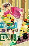  bracelet earrings eyewear_on_head floral_background happy_birthday higashikata_jousuke jewelry jojo_no_kimyou_na_bouken loafers male_focus pompadour sagi shoes solo striped striped_background sunglasses traditional_media watch watercolor_(medium) wristwatch 