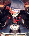 2014 apron ascot baking belt blue_eyes candy chef_hat coat cookie drill_hair eyepatch fisheye food from_above gingerbread_man gloves glowing glowing_eyes hat jacket_on_shoulders lollipop lost_crusade masa_(masa-koba) medal red_hair salute sleeves_rolled_up square_enix 