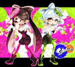  2girls :o ;d aori_(splatoon) black_hair breasts cleavage copyright_name cousins detached_collar domino_mask dress earrings eyebrows fangs food food_on_head fukurahagi_uomaru gloves green_legwear hair_rings hotaru_(splatoon) jewelry long_hair mask medium_breasts mole mole_under_eye multiple_girls object_on_head one_eye_closed open_mouth orange_eyes outline paint paint_splatter pantyhose pointy_ears purple_legwear short_jumpsuit smile splatoon_(series) splatoon_1 symbol-shaped_pupils thick_eyebrows unitard white_gloves 