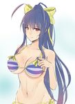  antenna_hair bikini blazblue blazblue_remix_heart blue_hair bluefield bow breasts cleavage genderswap genderswap_(mtf) hair_bow large_breasts long_hair looking_at_viewer mai_natsume navel ponytail red_eyes ribbon side-tie_bikini smile solo swimsuit wet yellow_bow 
