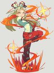  fire from_side fujiwara_no_mokou full_body hair_ribbon long_hair looking_at_viewer outstretched_arm pants platinum_blonde_hair red_pants ribbon serious simple_background solo standing standing_on_one_leg torn_sleeve touhou zaki_(mr_zaki0808) 