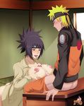  1boy 1girl areolae big blonde_hair blush breasts brown_eyes clothed_sex cum cum_on_body cum_on_breasts cum_on_upper_body large_breasts mitarashi_anko naruto nipples open_mouth paizuri purple_hair tongue tongue_out uzumaki_naruto 