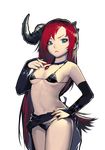  1girl bella_(crusaders_quest) bikini breasts crusaders_quest goddess horn long_hair looking_at_viewer navel red_hair simple_background small_breasts solo solo_focus swimsuit thighs underwear very_long_hair white_background 
