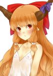  bad_id bad_twitter_id bare_shoulders blush collarbone covered_nipples flat_chest hair_ornament hair_ribbon highres horn_ribbon horns ibuki_suika long_hair looking_at_viewer nightgown nipples nishiuri orange_hair parted_lips pointy_ears red_eyes ribbon see-through simple_background sleeveless slit_pupils solo touhou upper_body white_background 