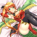  armpits breasts chinese_clothes cleavage cleavage_cutout earrings gloves green_eyes jewelry large_breasts leilan_(p&amp;d) long_hair lying noeomi puzzle_&amp;_dragons red_hair side_ponytail solo thighhighs wings zettai_ryouiki 