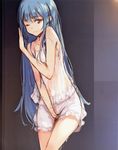  bare_shoulders bloomers blue_hair breasts chemise colorized cropped female_ejaculation have_to_pee highres hinanawi_tenshi ke-ta long_hair looking_at_viewer midriff non-web_source one_eye_closed red_eyes scan scan_artifacts see-through sketch sleeveless small_breasts solo strap_slip touhou underwear white_bloomers 