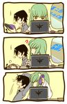  1girl 3koma ? bangs black_hair c.c. cellphone code_geass collared_shirt comic commentary_request computer creayus green_hair grey_shirt laptop lelouch_lamperouge long_sleeves notice_lines phone shirt sigh stretch taking_picture translated yawning zero_(code_geass) 