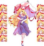  ^_^ alphes_(style) annoyed blonde_hair blush breasts closed_eyes crying dairi dress elbow_gloves expressions full_body gloves head_tilt highres kneehighs large_breasts long_hair open_mouth parody purple_dress smile solo style_parody tachi-e tears touhou transparent_background umbrella very_long_hair yakumo_yukari yellow_eyes 
