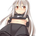  akai_ronii blush from_below kantai_collection kikuzuki_(kantai_collection) long_hair midriff navel orange_eyes pantyhose shirt_lift silver_hair solo wavy_mouth 