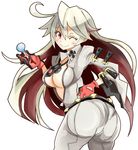  ass candy enpe food gloves guilty_gear guilty_gear_xrd highres jack-o'_valentine lollipop long_hair multicolored_hair one_eye_closed red_eyes red_hair solo two-tone_hair unzipped white_hair 