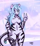  2017 5_fingers anthro biped black_stripes blue_hair blue_nose breasts digital_media_(artwork) digital_painting_(artwork) dirtyscoundrel featureless_breasts featureless_crotch feline female fingers fur hair light_theme long_hair looking_at_viewer mammal navel nude one_eye_closed outside peace_symbol signature snow snow_tiger solo standing striped_fur striped_tail stripes tiger tongue white_ears white_fur white_tail wink yellow_eyes 