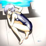  ayanami_rei bare_shoulders barefoot blue_hair feet from_above lying minazuki_juuzou neon_genesis_evangelion on_side one-piece_swimsuit open_mouth poolside red_eyes school_swimsuit short_hair soles solo starting_block swimsuit toes 