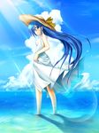  blue_hair blush day lens_flare long_hair looking_at_viewer looking_back mizunoe_kotaru ocean original sky smile solo very_long_hair 