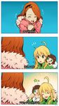  3girls 3koma :d ahoge bad_id bad_pixiv_id brown_hair closed_eyes coat comic fur_trim hair_ribbon hoshii_miki idolmaster idolmaster_(classic) korean minase_iori multiple_girls nonowa open_mouth ribbon rod_(rod4817) short_hair smile thumbs_up translated trembling 