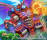  clenched_hand cloud company_name duel_masters dutch_angle fire glowing glowing_eyes grass hata_(pixiv4102938) no_humans official_art open_mouth outdoors pillar purple_tongue sky solid_eyes solo stairs watermark yellow_eyes 