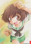  akiyama_yukari blush brown_eyes brown_hair girls_und_panzer gofu green_skirt looking_at_viewer ooarai_school_uniform open_mouth pleated_skirt school_uniform serafuku short_hair sketch skirt smile solo traditional_media 