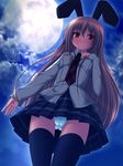  animal_ears black_legwear bunny_ears from_below full_moon long_hair looking_at_viewer mizunoe_kotaru moon night original panties red_eyes skirt solo thighhighs underwear 