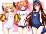  alternate_costume blonde_hair blush brown_eyes brown_hair buruma cheerleader chestnut_mouth covered_navel drill_hair ebi_193 fang flat_chest gym_uniform hair_ribbon hat long_hair looking_at_viewer luna_child multiple_girls one-piece_swimsuit open_mouth orange_hair pink_background pom_poms purple_eyes red_eyes ribbon school_swimsuit short_hair simple_background smile star_sapphire sunny_milk swimsuit thigh_gap touhou very_long_hair 