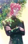  bad_id bad_pixiv_id buttons crossed_arms dappled_sunlight earrings gakuran jewelry jojo_no_kimyou_na_bouken kakyouin_noriaki leaf lens_flare male_focus pink_hair purple_eyes robinexile school_uniform shade smile solo sunlight tree_shade 