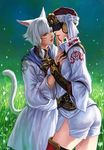  animal_ears blonde_hair blue_eyes cat_ears facial_mark final_fantasy final_fantasy_xiv goggles hand_on_another's_face hat highres mask miqo'te multiple_girls open_mouth pengnangehao short_hair smile tail white_hair y'shtola_rhul yda_hext yuri 