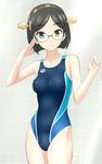  arena_(company) black_eyes black_hair breasts competition_swimsuit glasses highres kantai_collection kirishima_(kantai_collection) medium_breasts one-piece_swimsuit solo swimsuit takafumi 